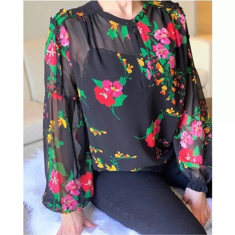 Cabi Thespian black floral sheer ruffle trim top‎ size Medium #5706